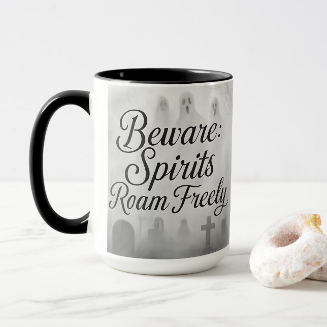 Beware Spirits Roam Freely Spooky Ghost Graveyard Mug (With Donut)