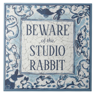 Beware Studio Rabbit Delft Blue White Sign Dedham Ceramic Tile