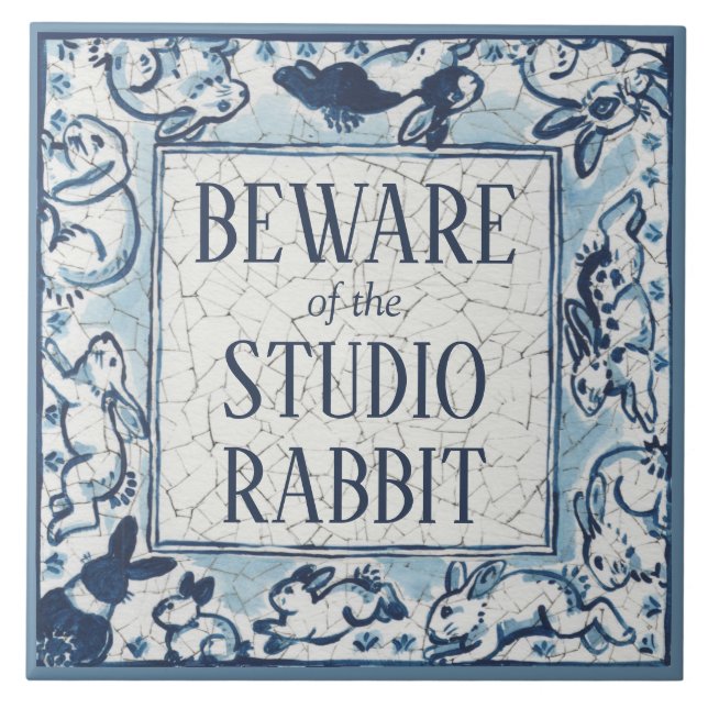 Beware Studio Rabbit Delft Blue White Sign Dedham Ceramic Tile (Front)