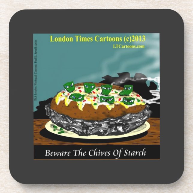 Beware the Chives of Starch – Funny Foodie Cartoon Beverage Coaster (Front)