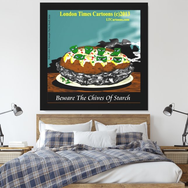 Beware the Chives of Starch – Funny Foodie Cartoon Canvas Print (Insitu(Bedroom))