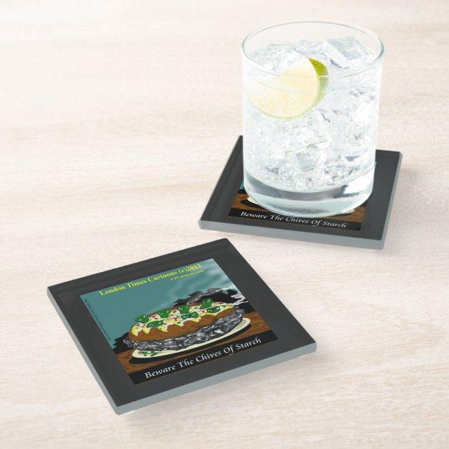 Beware the Chives of Starch – Funny Foodie Cartoon Glass Coaster (Angled)