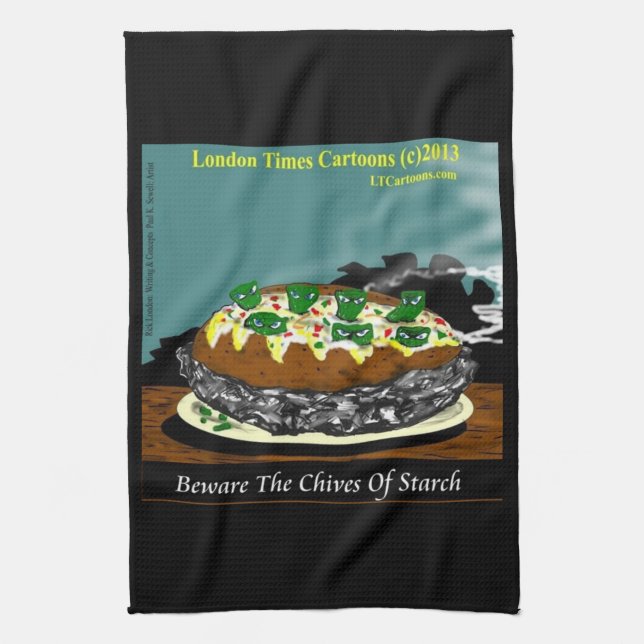 Beware the Chives of Starch – Funny Foodie Cartoon Kitchen Towel (Vertical)