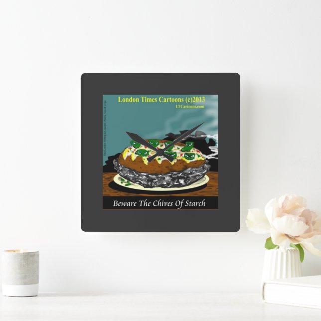 Beware the Chives of Starch – Funny Foodie Cartoon Square Wall Clock (Home)