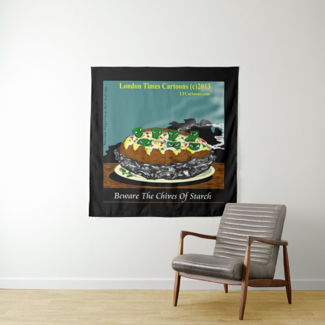 Beware the Chives of Starch – Funny Foodie Cartoon Tapestry (In Situ)