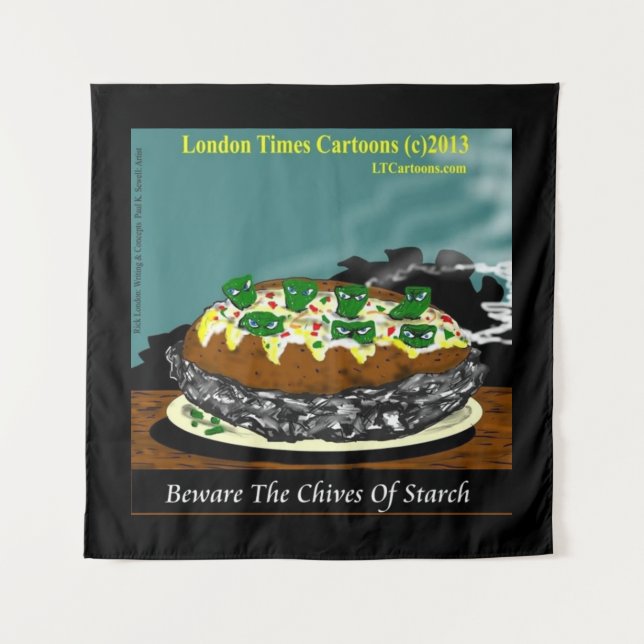 Beware the Chives of Starch – Funny Foodie Cartoon Tapestry (Front)