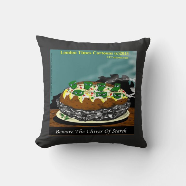Beware the Chives of Starch – Funny Foodie Cartoon Throw Pillow (Front)