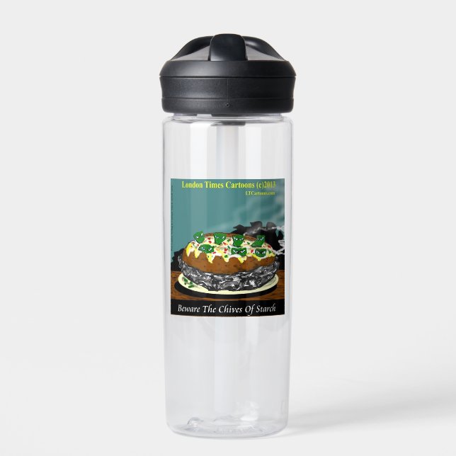 Beware the Chives of Starch – Funny Foodie Cartoon Water Bottle (Front)