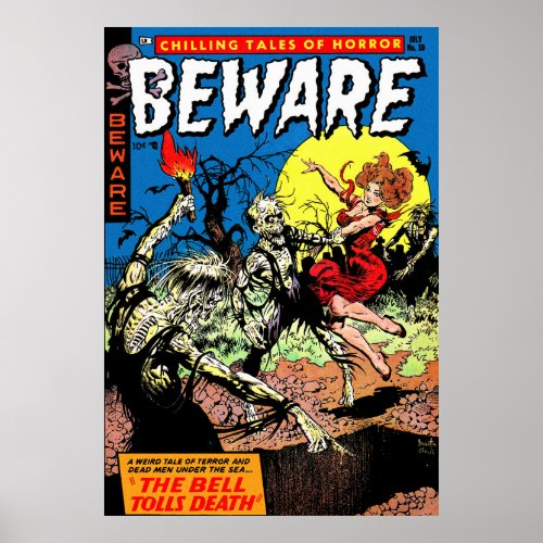 Beware Vintage Horror Comics Graveyard Zombie Poster