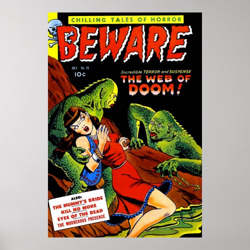 Beware Vintage Horror Comics Green Swamp Creatures Poster