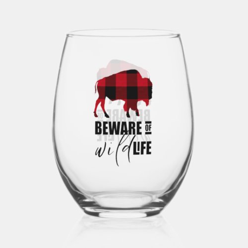 Beware Wild Life Buffalo Plaid ID669 Stemless Wine Glass