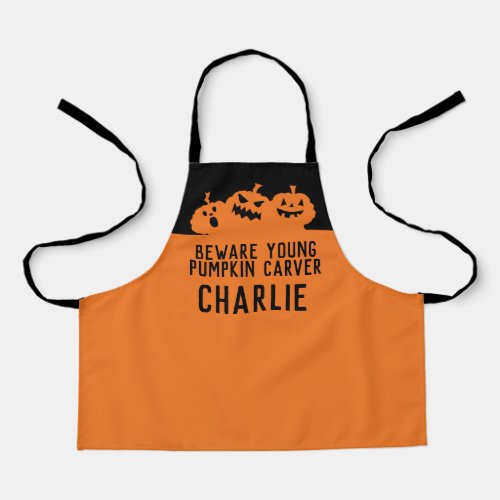 Beware young pumpkin carver scared pumpkins apron