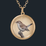 Bewick's Wren Necklace<br><div class="desc">Bewick’s (pronounced “Buick's”) wren flits about in shrubs and underbrush hunting insects while waggling its tail. Although it may be hard to see, it is easy to hear when it is present. The songs are bubbly and warbling and vary from Individual to individual. It is common in the western and...</div>