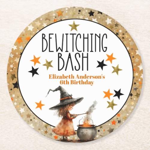 Bewitching Bash Girls Birthday Round Paper Coaster