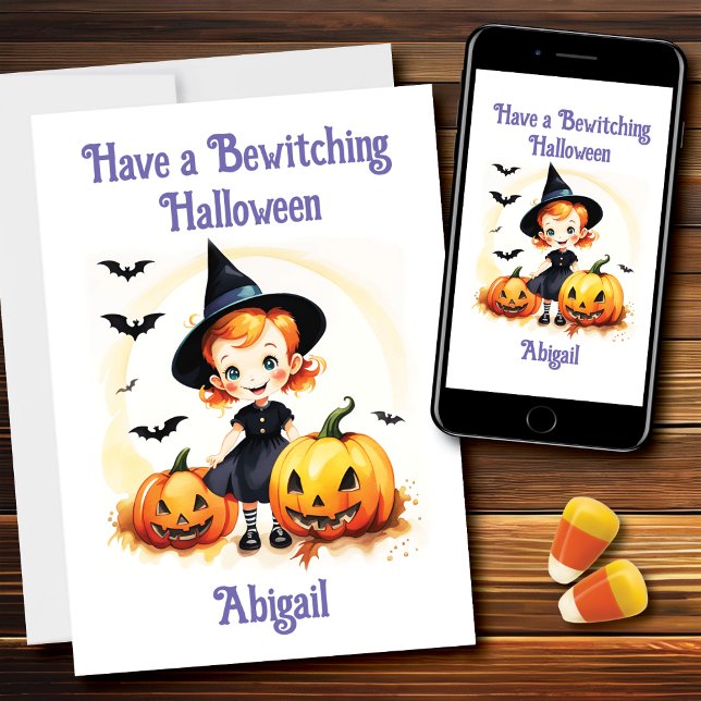 Bewitching Halloween Little Witch Trick or Treat Card (Creator Uploaded)