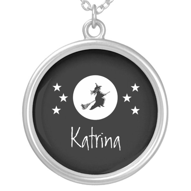Bewitching Halloween Necklace, Black Silver Plated Necklace (Front)