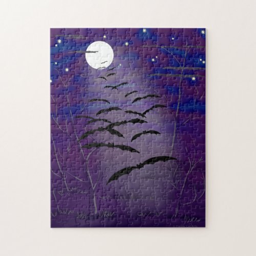 Bewitching Hour with Full White Moon and Bats Jigsaw Puzzle