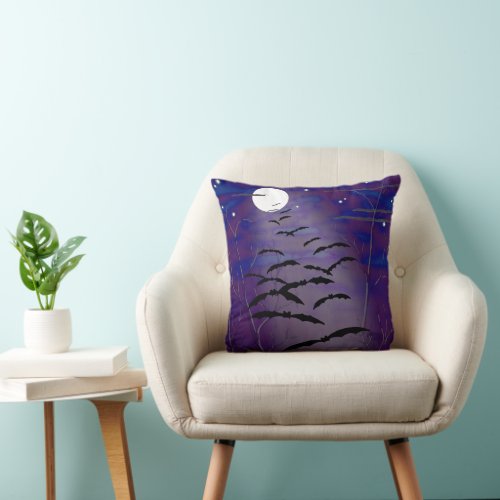 Bewitching Hour with Full White Moon and Bats Throw Pillow