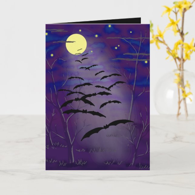 Bewitching Hour with Full Yellow Moon and Bats Card (Yellow Flower)