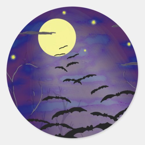 Bewitching Hour with Full Yellow Moon and Bats Classic Round Sticker