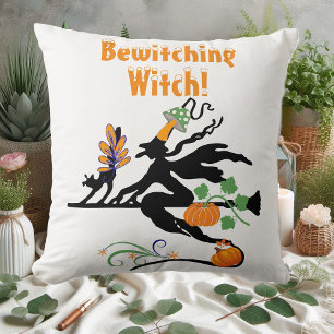 Bewitching Witch Scary Black Cat Halloween Pumpkin Throw Pillow