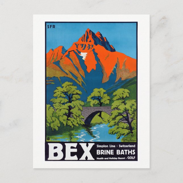 Bex Switzerland Vintage Travel Poster Restored Postcard (Front)