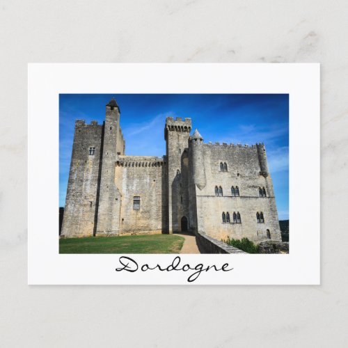 Beynac castle Dordogne white text postcard
