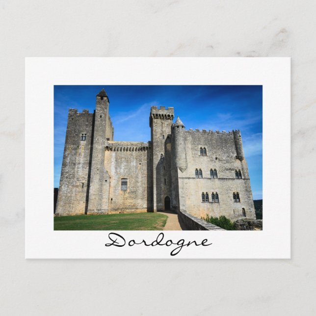 Beynac castle Dordogne white text postcard (Front)