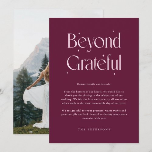 Beyond Grateful Whimsical Cranberry Wedding Photo Thank You Card