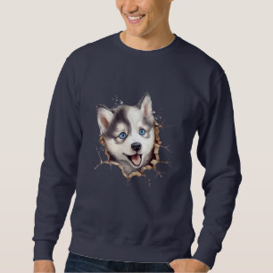 Beyond the Barrier: A Husky Puppy's Playful Sweatshirt