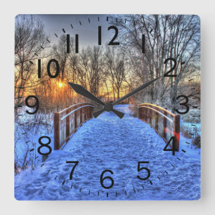 Beyond the Bridge Winter Scene Square Wall Clock