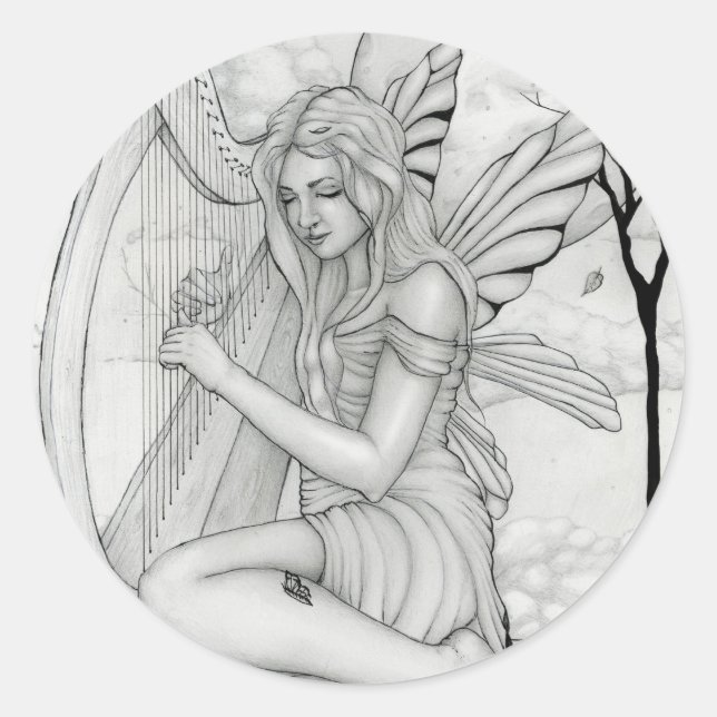 Beyond Time - fairy with harp Classic Round Sticker (Front)