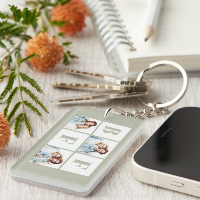 BFF 3 Photo Collage Best Friends Sage Green Keychain (Front Right)