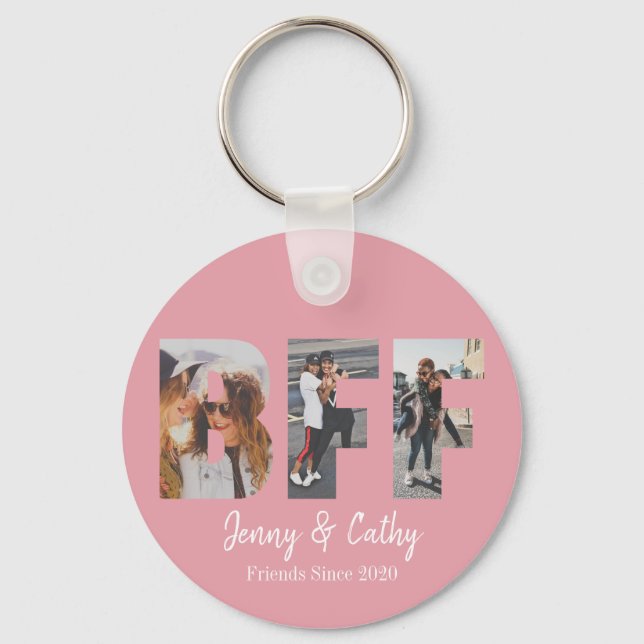 BFF 3 Photo Collage Friendship Besties Blush Pink Keychain (Front)