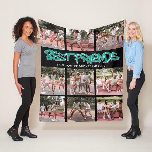 BFF Best Friends 9 Photo Collage Fleece Blanket - Cool graffiti friendship fleecy blanket featuring a black background that can be changed to any color, the saying "best friends" in a funky bubble graffiti font, you and your friends names, and 9 square photos for you to customize with your own.