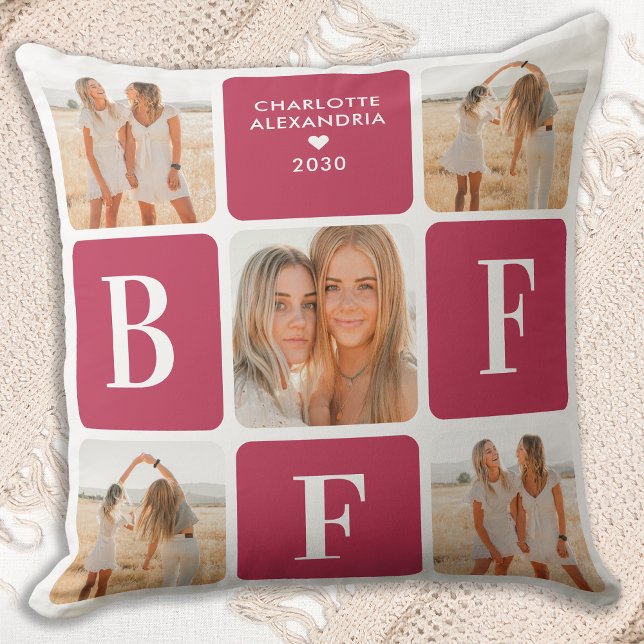 BFF Best Friends Forever Modern Pink Photo Collage Throw Pillow (Creator Uploaded)