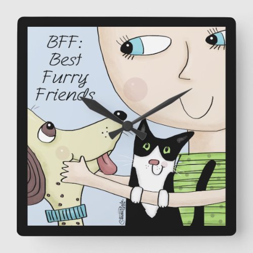 BFF Best Furry Friends_Person with Dog and Cat Square Wall Clock