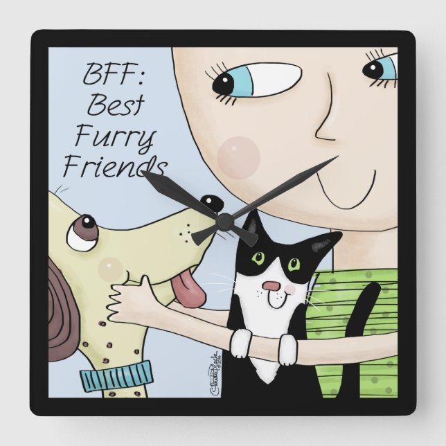 BFF: Best Furry Friends-Person with Dog and Cat Square Wall Clock (Front)