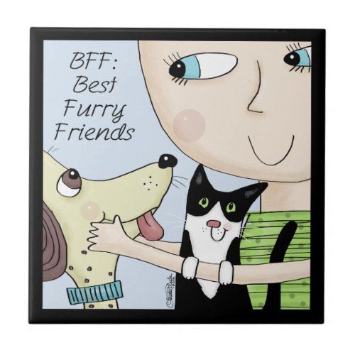 BFF Best Furry Friends_Person with Dog and Cat Tile