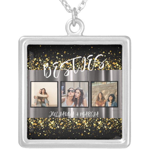 BFF Besties Best Friends Modern Hot Photo Collage  Silver Plated Necklace (Front)