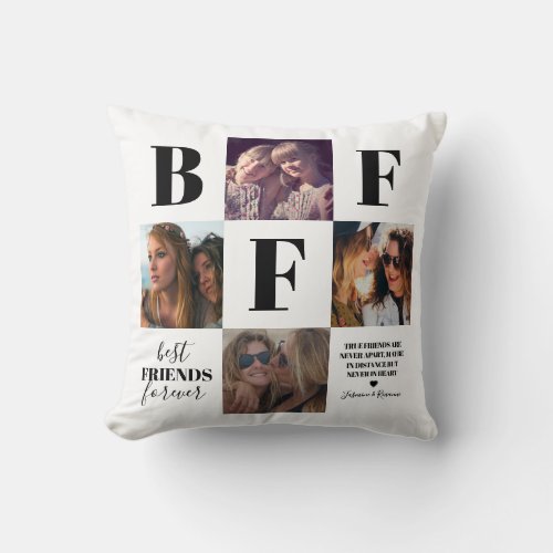 BFF Besties Photo Black & White Throw Pillow - Stylish friendship pillow featuring 4 photos of you and your bestie, a black and white color scheme that can be changed to any color, the letters "BFF", the words "best friends forever", a true friends quote, and your names.