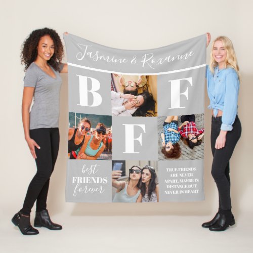 BFF Besties Photo Collage Gray Fleece Blanket - Modern friendship blanket featuring 4 photos of you and your bestie, a stylish gray background that can be changed to any color, the letters "BFF", the words "best friends forever", a true friends quote, and your names.