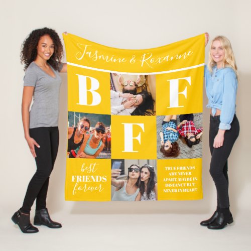 BFF Besties Photo Collage Sunflower Yellow Fleece Blanket - Modern friendship blanket featuring 4 photos of you and your bestie, a summer yellow background that can be changed to any color, the letters "BFF", the words "best friends forever", a true friends quote, and your names.