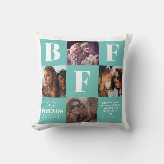 BFF Besties Photo Collage Teal Throw Pillow (Front)