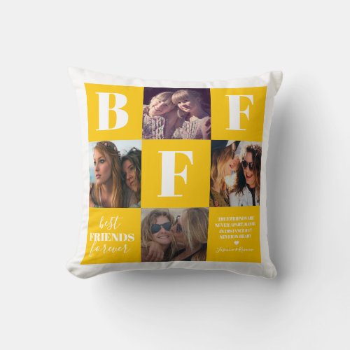 BFF Besties Photo Collage Yellow Throw Pillow - Modern friendship pillow featuring 4 photos of you and your bestie, a yellow and white background that can be changed to any color, the letters "BFF", the words "best friends forever", a true friends quote, and your names.