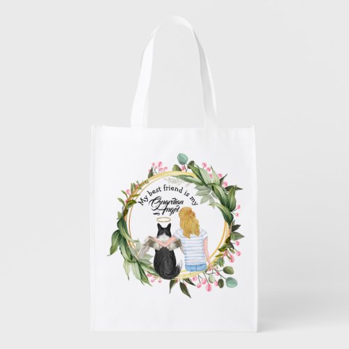 BFF border collie guardian angel blonde girl art Grocery Bag