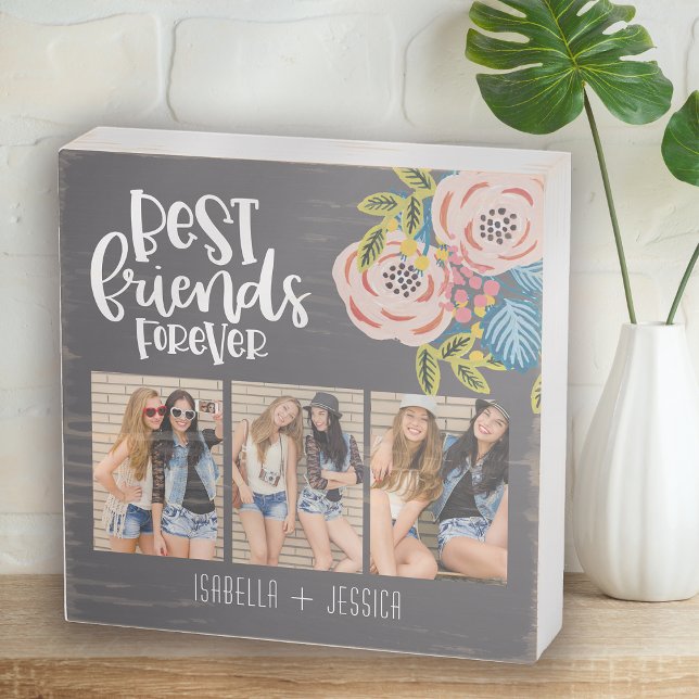 BFF Floral Photo Collage Best Friends Forever Wooden Box Sign (Creator Uploaded)