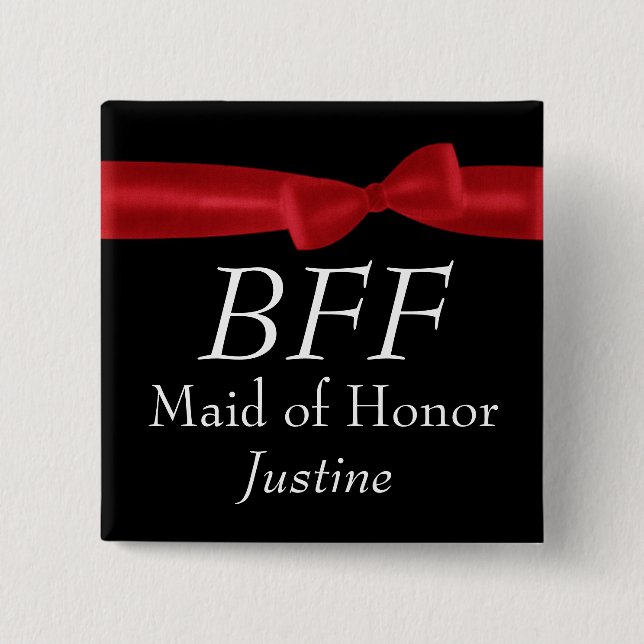 BFF Maid of Honor Red Bow Wedding Custom Name Pinback Button (Front)