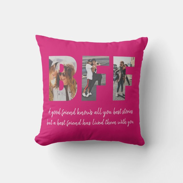 BFF Photo Collage Best Friend Besties Magenta Pink Throw Pillow (Front)