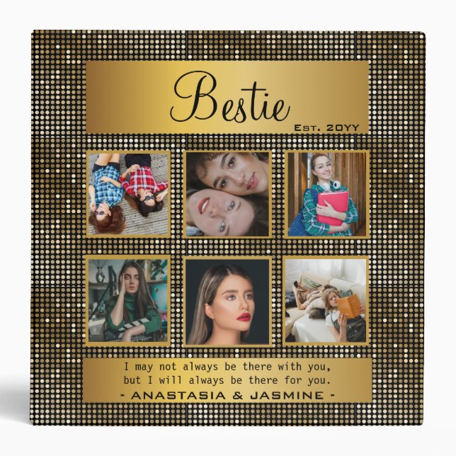 BFF Photo Collage Best Friend Quote Golden Glitter 3 Ring Binder (Front)
